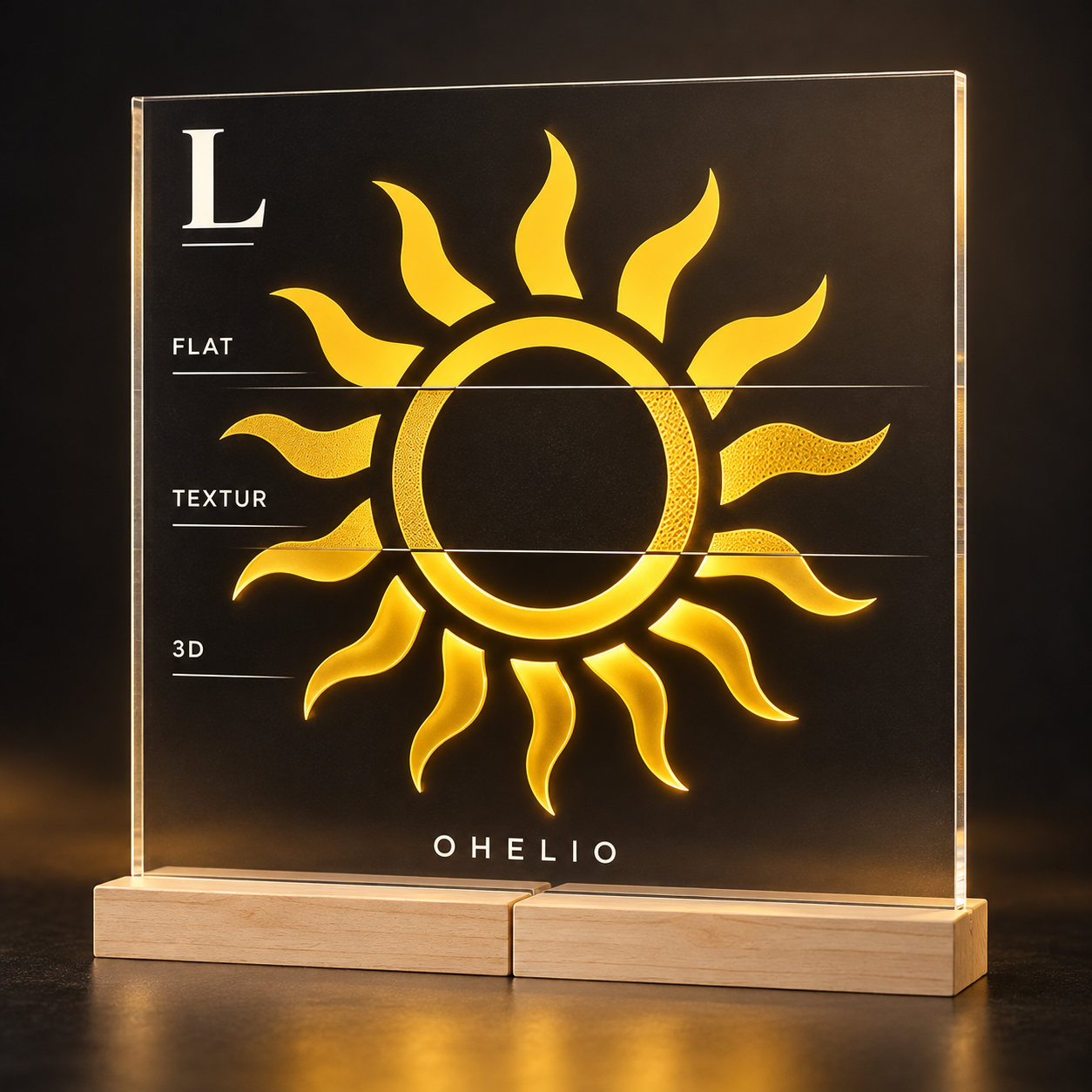 OHELIO Konzept für einen quadratischen Acryl-Aufsteller L auf zwei Holzsockeln
