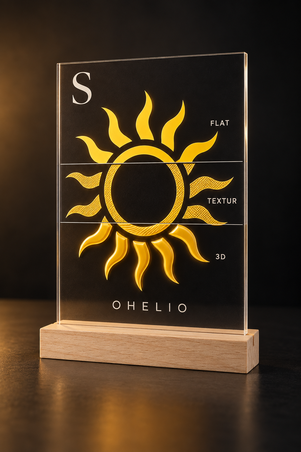 OHELIO Konzept für einen Acryl-Aufsteller S mit einer Sonne in Glatt, Texturiert und Premium 3D